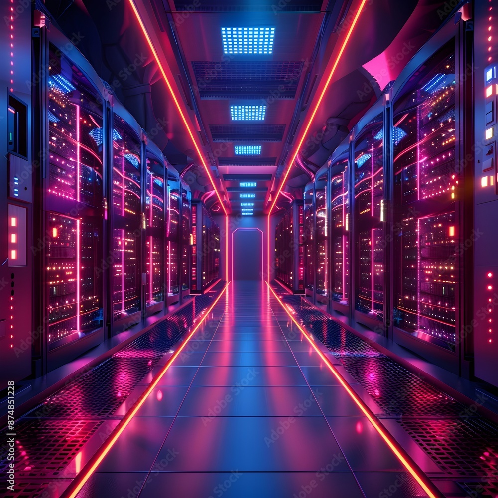 Poster futuristic quantum data center with glowing circuits and advanced cooling