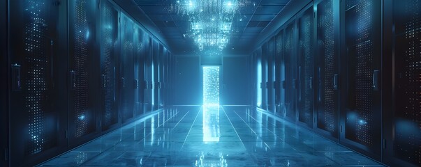 Secure Quantum Encryption Key Distribution in Futuristic Server Room Highlighting Cybersecurity Advancements
