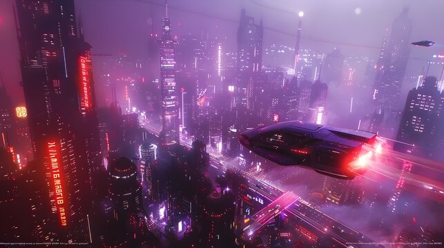 Futuristic Cityscape with Neon Lights and Hovering Cars at Night
