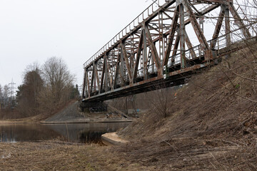 Springtime details near the metal bridge over the river. Overcast april day in Riga, Latvia.