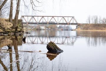 Springtime details near the metal bridge over the river. Overcast april day in Riga, Latvia.