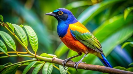 Obraz premium Vibrant tropical bird perched on a branch amidst lush green foliage, radiating vivid hues of blue, orange, and yellow.