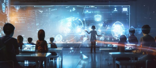 A futuristic classroom where a human teacher and an AI assistant engage with students. Equipped with interactive holograms and advanced learning tools, the AI assistant helps students understand