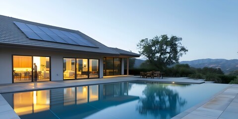 Fototapeta premium Modern Home with Solar Panels and Pool at Night. Concept Modern Homes, Solar Panels, Night Photography, Pool Portrait, Contemporary Design