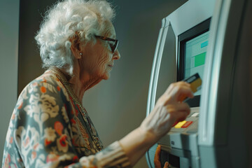 Mature woman withdraws cash from authorized teller machine on a city street