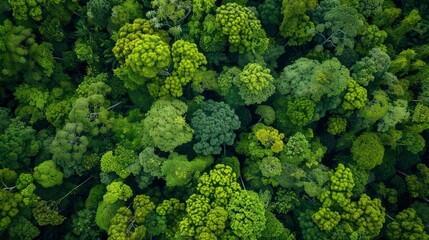 Naklejka premium Aerial View With A Drone Camera Capturing Rainforest Trees, Promoting An Ecology With A Healthy Environment Concept