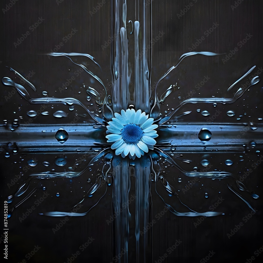 Poster daisy flower on a dark background with water drops. 3d rendering generated by ai
