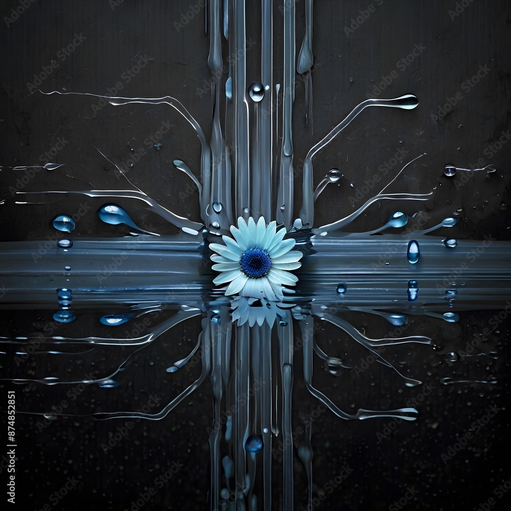 Poster daisy flower on a dark background with water drops. 3d rendering generated by ai