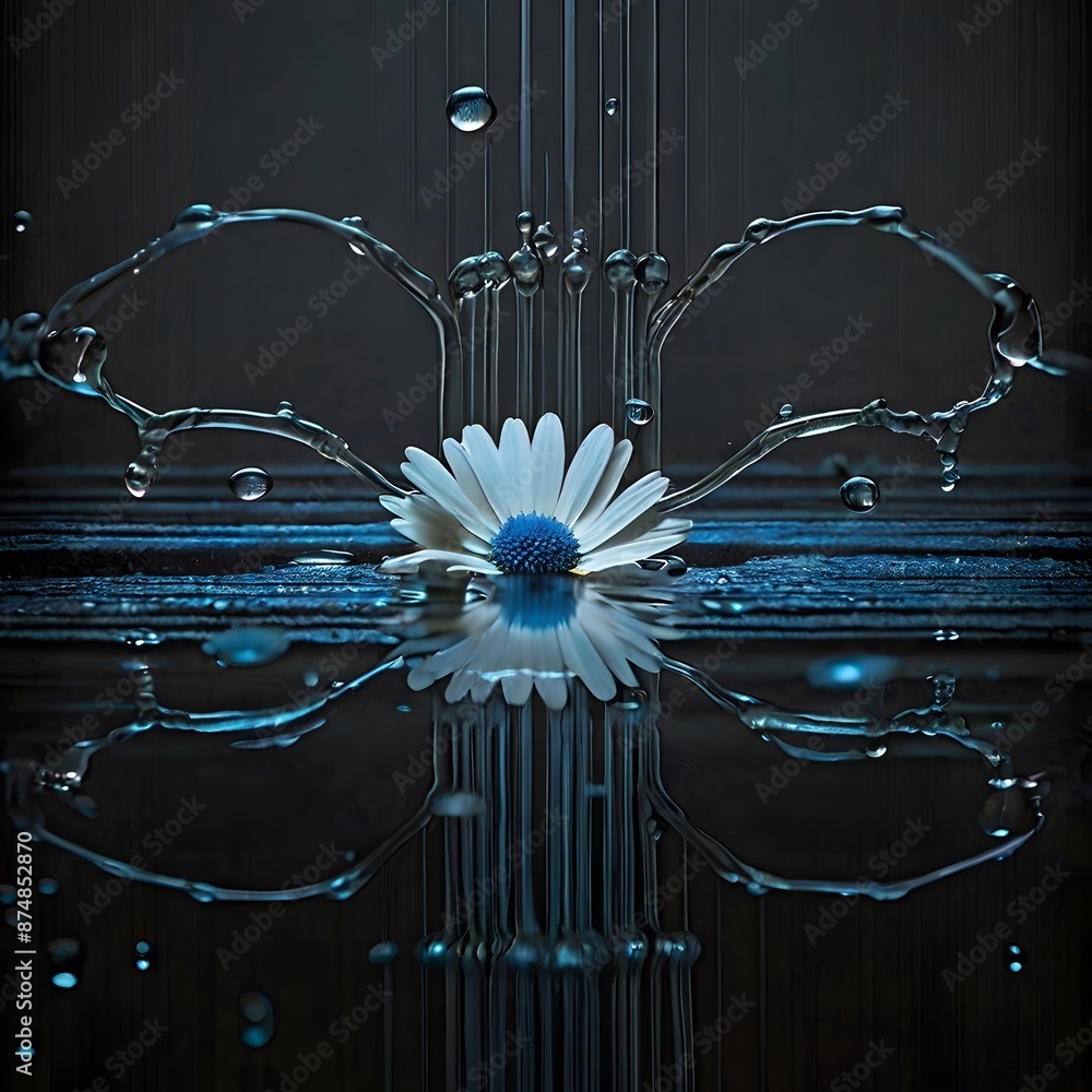 Poster daisy flower on a dark background with water drops. 3d rendering generated by ai