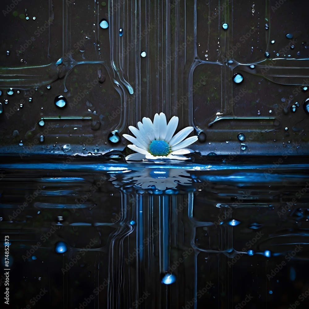 Poster daisy flower on a dark background with water drops. 3d rendering generated by ai