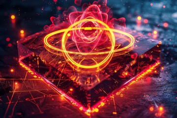 Creative neon atomic structure with fiery elements, symbolizing scientific energy and innovation.