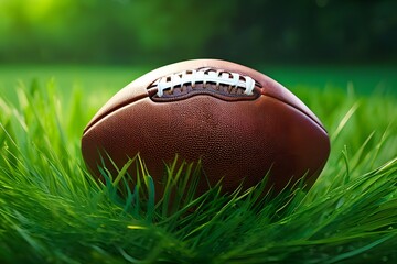 Obraz premium Close-up of American football ball on green grass field. Concept of sport and athletic competition.