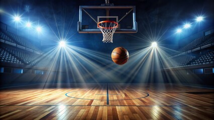 Empty basketball court spotlight shines on hoop as ball flies through air in perfect arcing trajectory towards net.