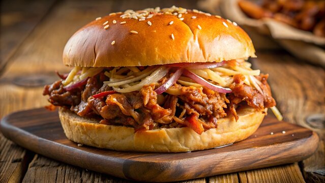Scrumptious pulled pork sandwich with caramelized onions and melted cheese on a sesame seed bun
