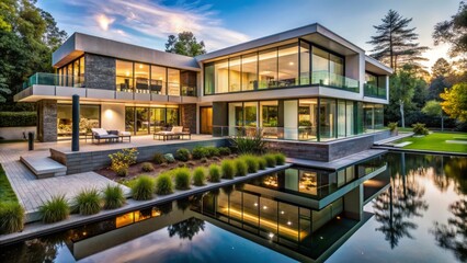 Fototapeta premium Expansive modern estate with sleek lines, floor-to-ceiling windows, and lavish outdoor spaces surrounded by lush greenery and serene water features.