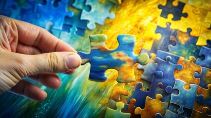 Hand Placing Colorful Puzzle Piece in Vibrant Landscape Jigsaw Puzzle. Choosing the right solution concept, process of finding and solving
