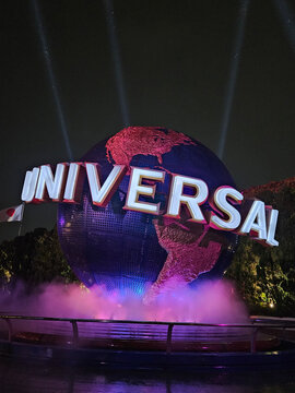 Osaka, Japan &ndash; Dec 11, 2023: The rotating Universal Studio logo globe at Universal Studio Japan in Osaka, Japan.