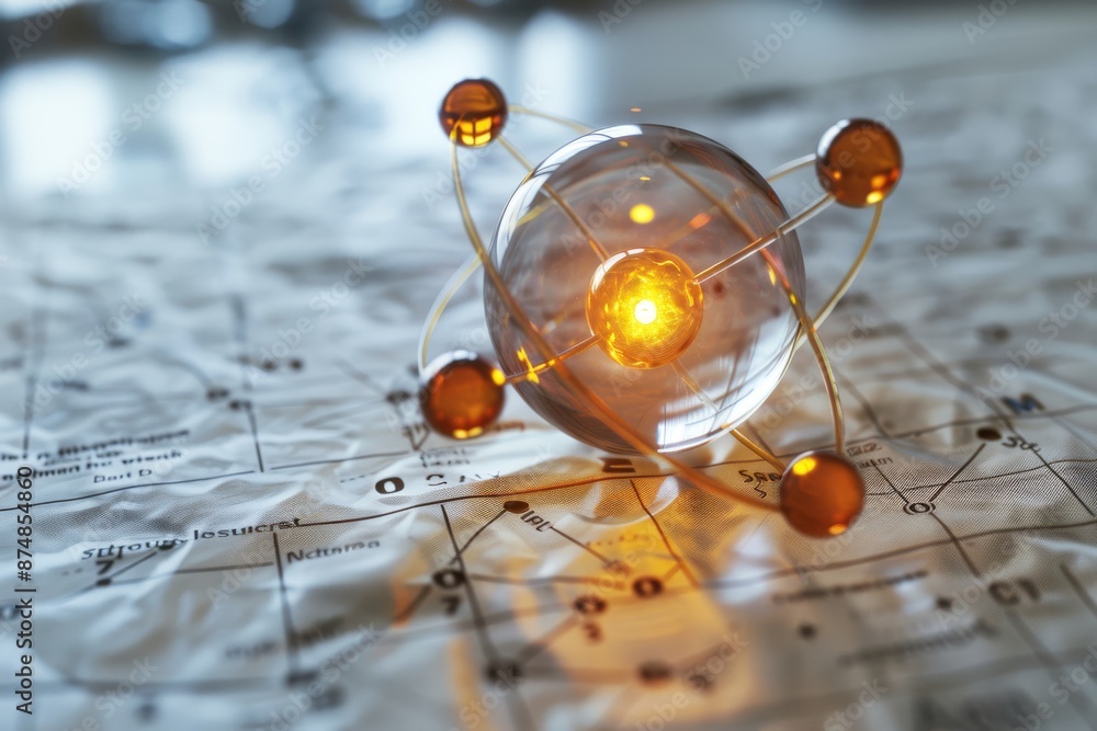 Poster artistic molecular structure on a reflective surface, highlighting scientific complexity and design.