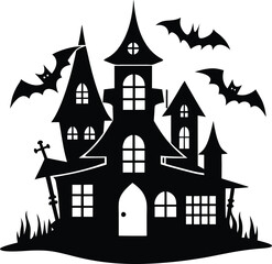 black flat halloween house silhouette white background