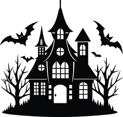 black flat halloween house silhouette white background