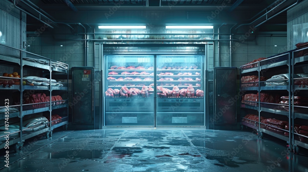 Poster cold storage room with a freezer full of meat. the room is dark and the meat is displayed in a way t