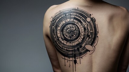 A woman with an abstract circular tattoo design on her back, featuring intricate patterns and bold black ink.
