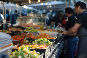 Obraz premium Street food vendor preparing dishes at busy marketplace