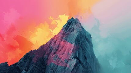 An Abstract Colorful Shape On A Mountain Peak, Painted With Watercolor