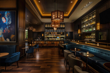 Upscale hotel bar interior with bartender preparing a cocktail