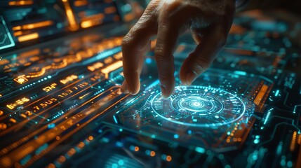 Hand interacts with futuristic holographic touchscreen display.