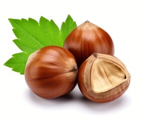 Fresh Hazelnuts with Leaves Isolated on White