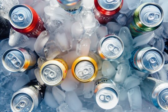 Assorted beverage cans on ice