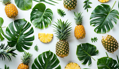 Fototapeta premium Pineapple and tropical leaves on a white background