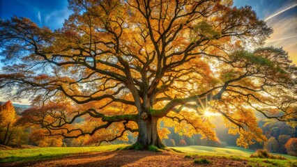 A majestic ancient oak tree stands tall amidst a serene autumnal landscape with rustling leaves and sprawling branches.