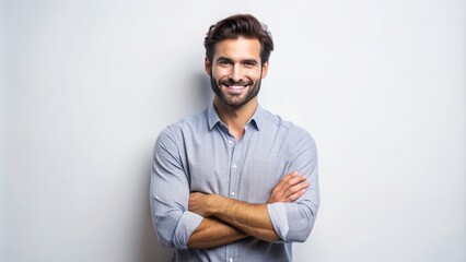 Obraz premium Casual attire clad confident male with crossed arms and radiant smile against pristine white studio backdrop exudes optimistic charisma.
