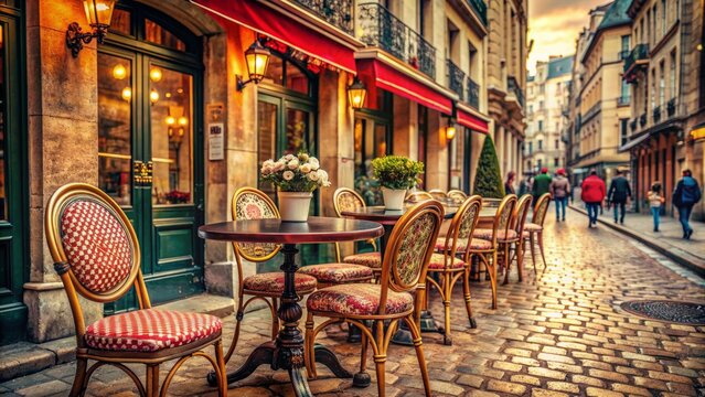 Vintage European street scene features ornate caf? table, elegant chairs, and sophisticated ambiance of Paris in the 1960s era.