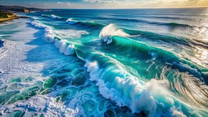 Fototapeta premium Breathtaking aerial view of turquoise ocean waves crashing against deep blue sea water with foamy white splashes in endless horizon.