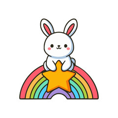 cute rabbit sit on rainbow star vector illustration template design