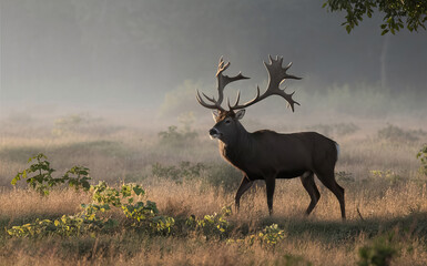 Fototapeta premium Majestic elk with impressive antlers graze in a wild meadow