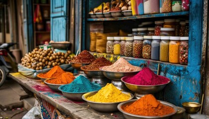Fototapeta premium Vibrant Street Market Display of Colorful Spices and Herbs in Bowls. bazar stand with big bowls with colorful holi powder, photography
