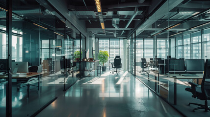 An expansive open office space, devoid of people, with modern furniture and glass partitions, evoking a sense of professional ambiance