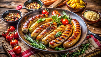 Golden grilled sausages sizzle on a rustic wooden table amidst a mouthwatering medley of savory sides and fresh summer vegetables.