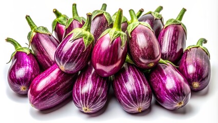 Vibrant purple fresh eggplants arranged artfully in a group on a seamless white background, depicting healthy and appetizing food perfection.