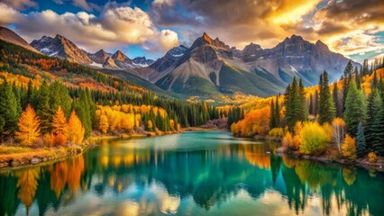 Obraz premium Golden aspens and evergreens surround serene turquoise lake beneath rugged mountain peaks against vibrant orange autumnal sky.