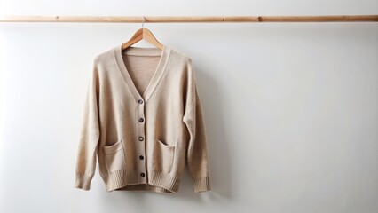 Neutral-toned, stylish cardigan hangs elegantly on a rack against a pristine white background, exuding sophistication and refinement.