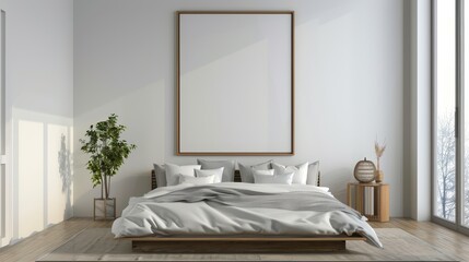 Modern minimalist bedroom with large blank wall frame.