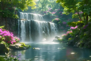 A waterfall cascades into a still pool surrounded by rocks and greenery footage