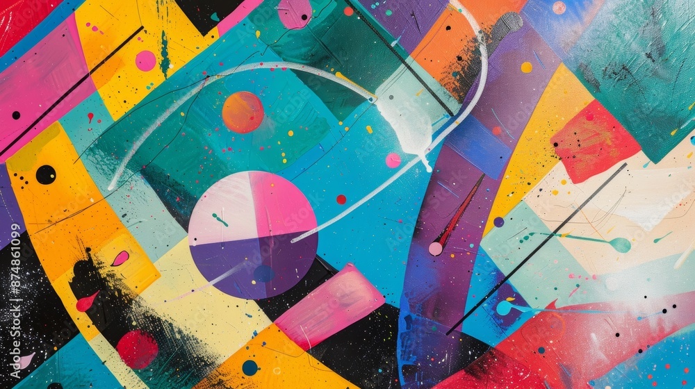 Poster vibrant colors and geometric elements dance in a disorienting flurry inviting the viewer to get lost