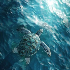 Fototapeta premium Serene Sea Turtle Gliding in Sunlit Waters - Tranquil Marine Life at Ocean Surface