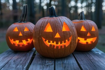 Fototapeta premium Three Glowing Jack-O'-Lanterns on Wooden Table in Forest Setting During Twilight